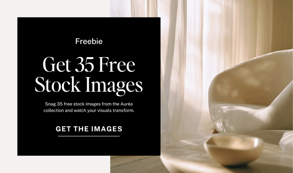 Freebie promo graphic offering 35 free stock images from the Auréa AI stock photo collection.